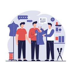 Three cartoon figures examining a blue dress, with tools and a dress form displayed