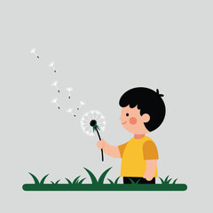 A cartoon child blows dandelion seeds, seeds drifting. Green grass at the base, and a light gray background