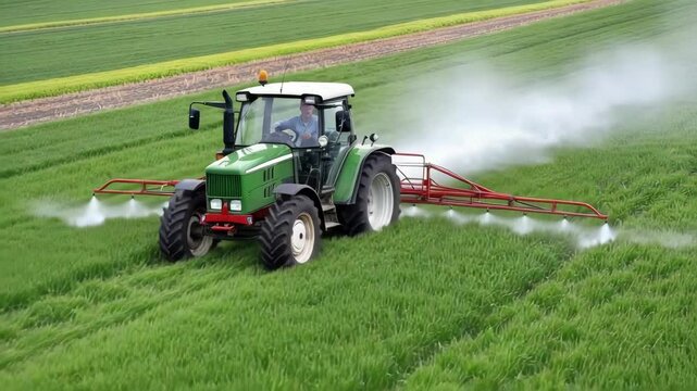 A tractor equipped with a sprayer navigates through vibrant green fields, applying treatment for crop protection