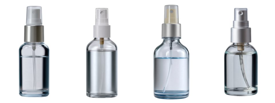 Four distinct transparent spray bottles, showcasing various designs suitable for a wide range of liquids like sanitizers, fragrances, and home solutions