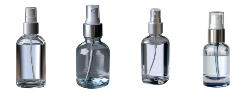 Transparent glass spray bottles with fine mist pumps, suitable for cosmetics, perfumes, and sanitizers, isolated on a white background