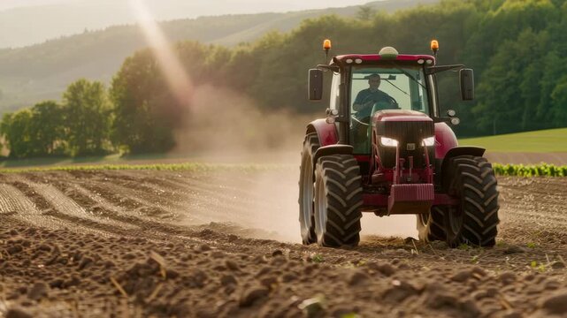 A farmer operates a tractor to plow a field as the sun sets, creating a picturesque landscape in preparation for planting season