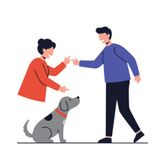 An illustration of a dog looking up at two figures, appearing to be interacting. One points. Simple design