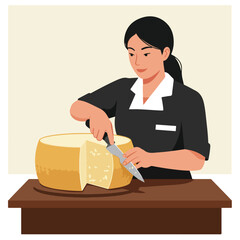 An illustration shows a woman in black uniform cutting a cheese wheel on a wooden table, lit by warm light