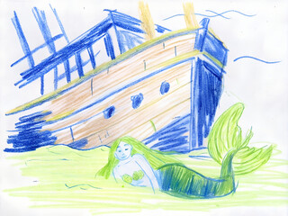 Child's drawing of a mermaid resting near a sunken shipwreck
