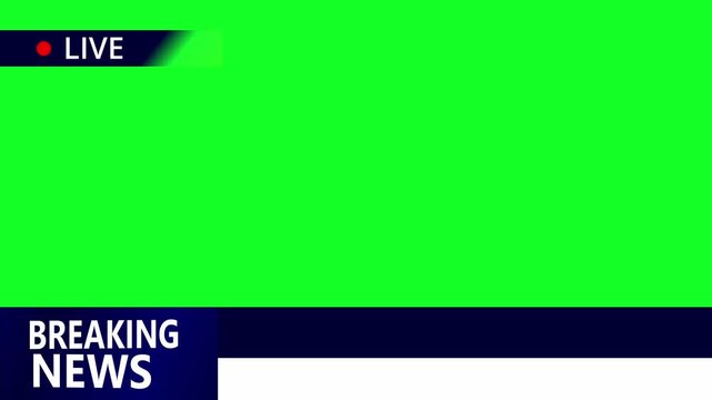 Dynamic live news or breaking news overlay template with green screen background, featuring bold lower-thirds, animated headlines, ticker bars, and camera frame design.