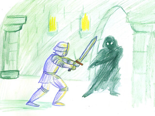 Medieval knight fights dark shadowy monster in ancient dungeon