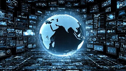 Digital globe surrounded by screens displaying data in a dark tech environment - Powered by Adobe