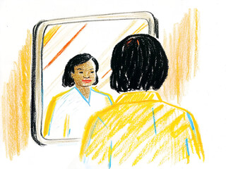 Woman reflecting on her identity, looking in a mirror illustration