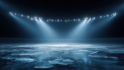 Empty ice rink arena lit by spotlights