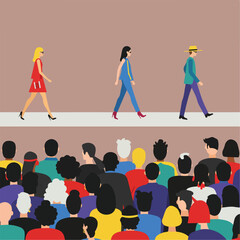 Three figures walking a catwalk. Below, a crowd watches. Illustration depicts a fashion show scene