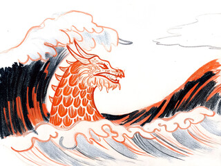 Stylized orange dragon emerging from dramatic ocean waves art