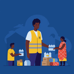 Illustration depicts aid distribution; volunteers giving water & supplies to those in need. Background is blue