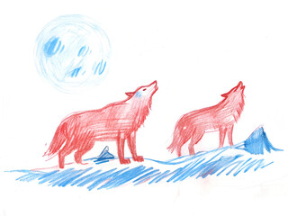 Red wolves howl at blue moon in abstract snowy winter scene art