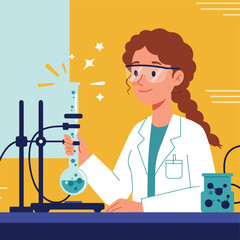 A smiling scientist in lab coat and goggles, conducting an experiment with glowing liquid and equipment