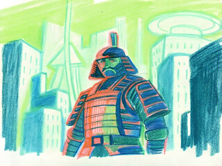 Samurai warrior in futuristic city with vibrant crayon art style