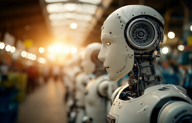 Fototapeta premium Futuristic humanoid robots displayed in modern industrial setting