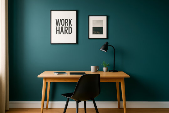 Modern workspace with motivational artwork and sleek furniture design