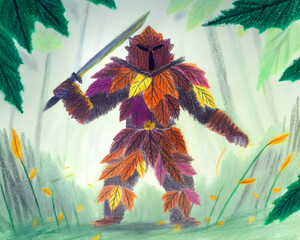 Mystical autumn leaf warrior with a sword in a fantasy forest