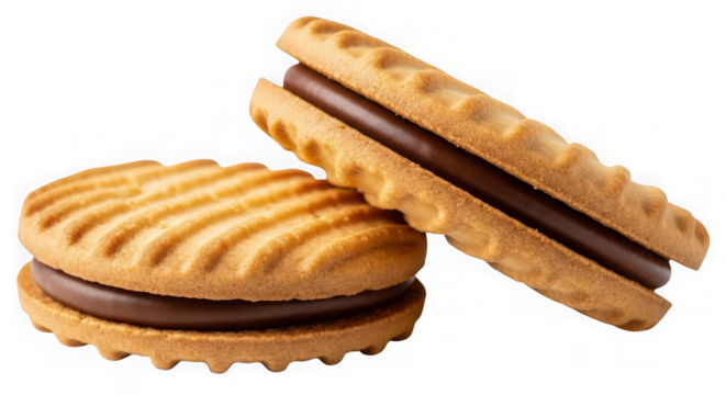 Two golden baked chocolate cream sandwich cookies sweet delight