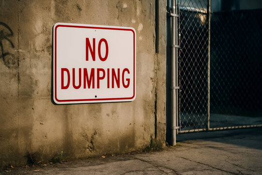 Warning sign indicating no dumping allowed near fence