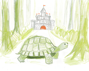Crayon sketch of a tortoise walking to a castle in a green forest