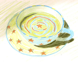Whimsical colorful pencil drawing of a cup and saucer with stars