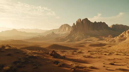 Fototapeta premium Tall cactus stands by a sandy track with red cliffs and mesas, bright sun and clear sky shape a calm desert scene