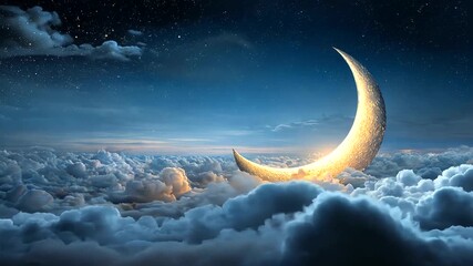 Golden crescent moon amidst soft clouds under a starry night sky - Powered by Adobe