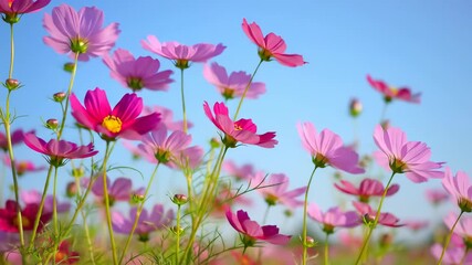 Beautiful cosmos flowers blooming under the bright blue sky in the summer.