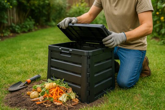 Man composting kitchen waste in a black container in garden - Powered by Adobe