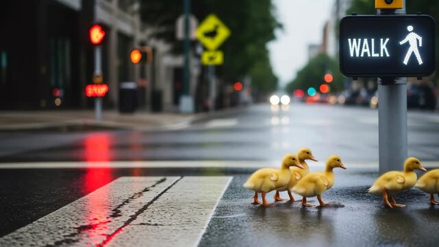 Ducklings crossing city street on crosswalk during rain with walk signal and traffic lights at daytime, slow motion video