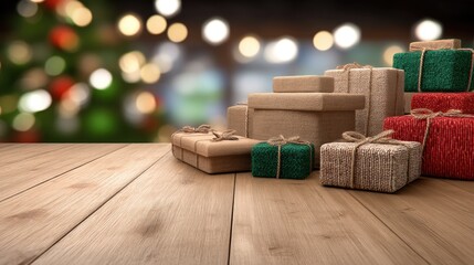 Two colorful gifts with shiny bows sit in a cozy room filled with holiday cheer, perfect for a special occasion or celebration