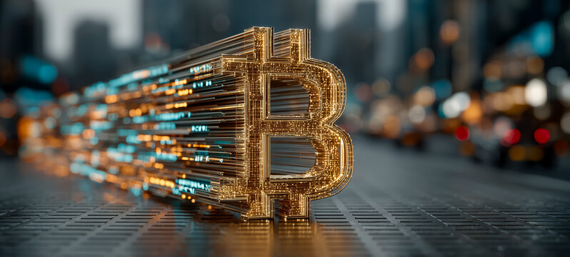 Bitcoin symbol glowing with motion blurred city backdrop