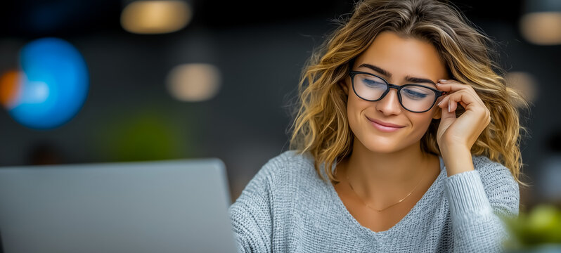 Young woman working on laptop in cozy modern workspace