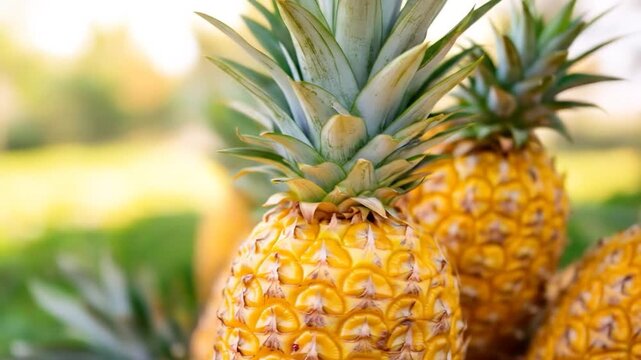 Tropical pineapples with green leaves and golden sunlight outdoors