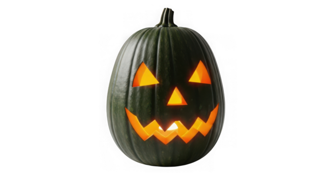 Green halloween jack-o'-lantern with glowing spooky face design
