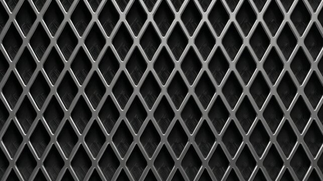 Metallic expanded mesh features a repeating diamond lattice pattern over a dark substrate