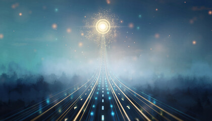 Glowing arrow ascends into radiant target light in sky, digital painting with futuristic road, misty atmosphere, and magical energy, evoking hope and ambition