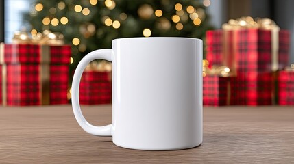 A white mug sits on a wooden table in front of wrapped gifts, with a decorated tree adorned with lights in the background