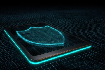 Digital shield encryption visualized on a futuristic smartphone interface against a geometric cyber landscape representing advanced cybersecurity technology captured with clarity