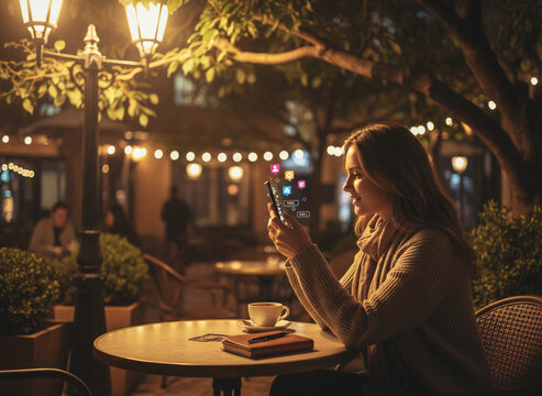 Young woman sitting at outdoor cafe table at night, warmly lit by street lamps, checking social media notifications on smartphone, cozy and relaxed atmosphere