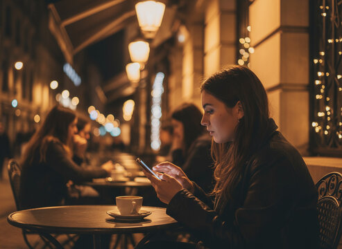 Young woman sitting at outdoor cafe at night, illuminated by warm streetlights, checking social media notifications on smartphone, relaxed urban lifestyle - Powered by Adobe