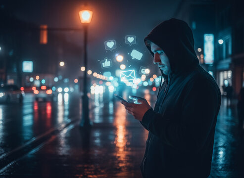Man in hoodie scrolling on smartphone under warm streetlight at night, digital social media icons floating, urban street, moody atmosphere, rainy reflections