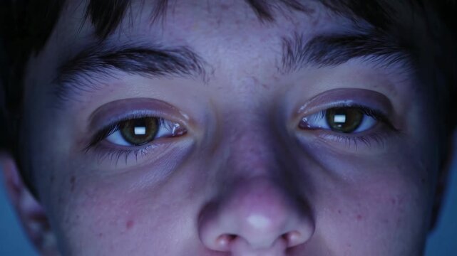 Close-up shot of a person's eyes reflecting a screen, suggesting focus and engagement with video content. Captured from a frontal angle.