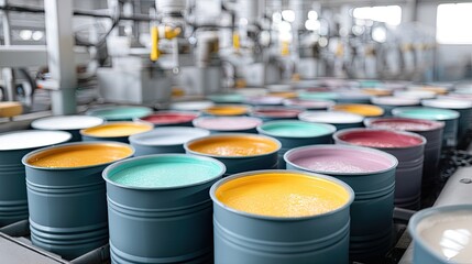 Brightly colored paint canisters are lined up on a shelf, ideal for artists to choose their favorites for upcoming projects