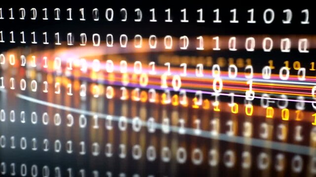Digital background with binary code and colorful light streaks, reflecting on a dark surface