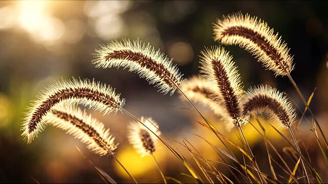 Golden grasses glisten, backlit by a blurred, sunlit background