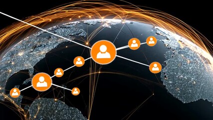 Networked Earth with connected orange profile icons and orange traces - Powered by Adobe