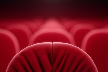 Fototapeta premium Red velvet cinema seats illuminated by warm light create an inviting atmosphere in an empty theater, showcasing a cozy cinematic experience